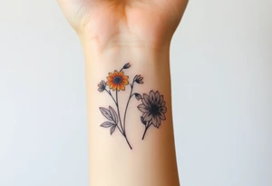 wrist tattoo with marigold, lily of the valley, and chrysanthemum tattoo idea