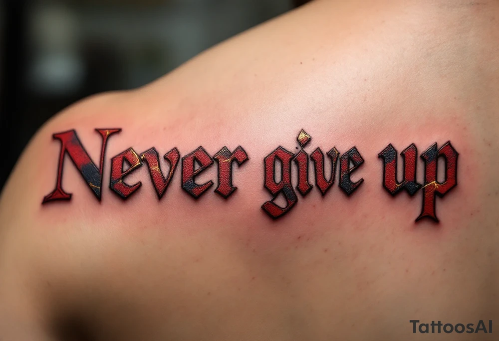 “Never give up” in crimson block letters, cracked like stone with hints of golden resilience lines. tattoo idea