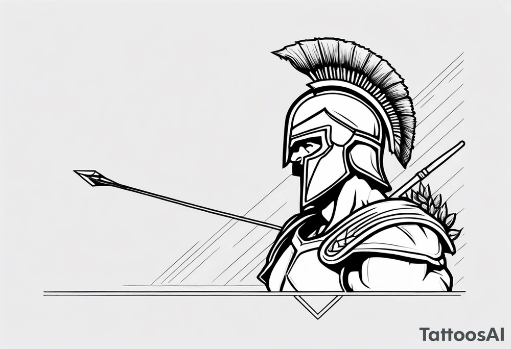 rectangular landscape format ultra-fine line linework vector of a spartan from the side, spartan spear, spartan shield, laurel wreath tattoo idea