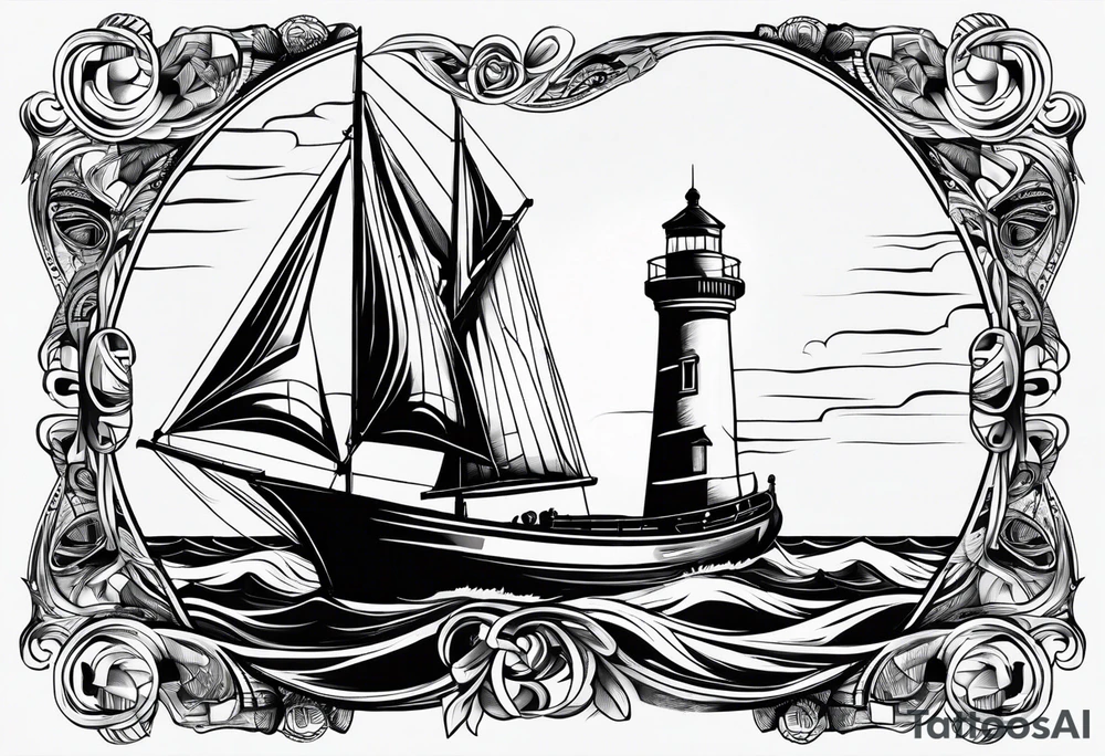 front bow sails with lighthouse on board tattoo idea