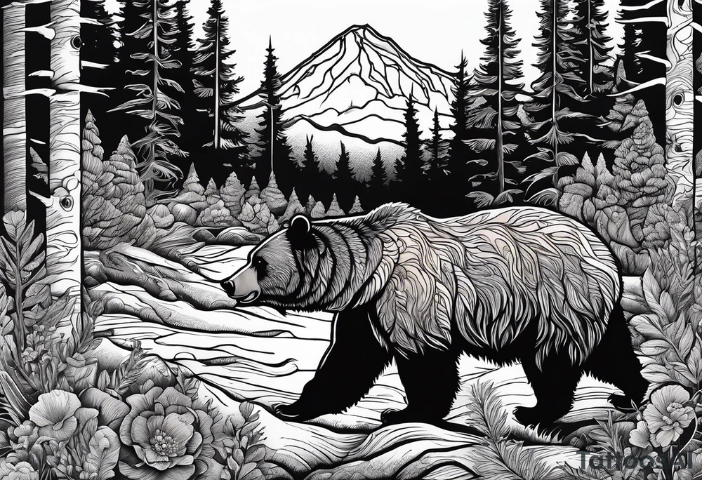 grizzly bear mountain forest tattoo idea
