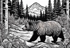 grizzly bear mountain forest tattoo idea