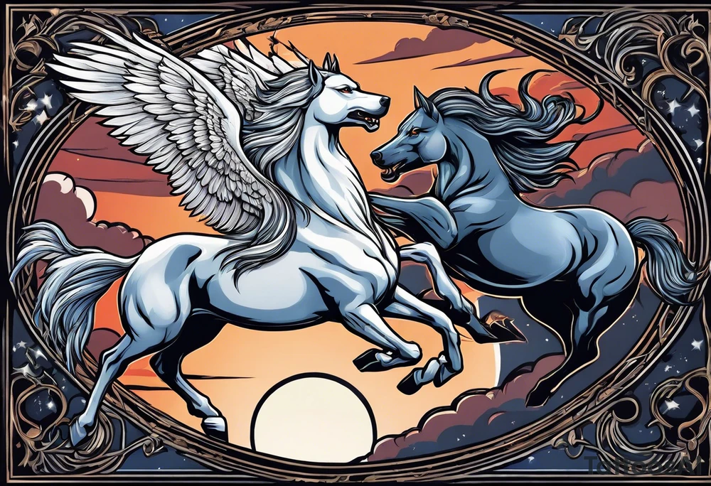 Female werewolf and Pegasus fighting each other in the night tattoo idea