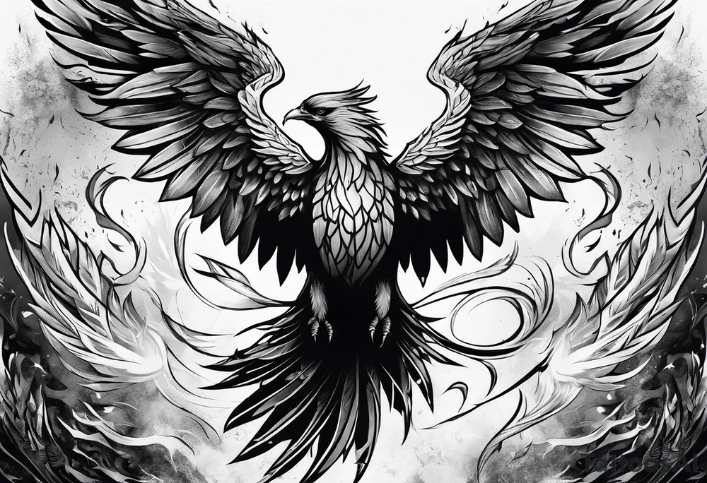 a phoenix rising from the ashes, with an angel opening its wings on the background tattoo idea