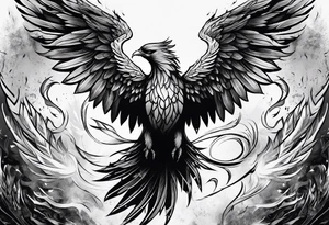 a phoenix rising from the ashes, with an angel opening its wings on the background tattoo idea