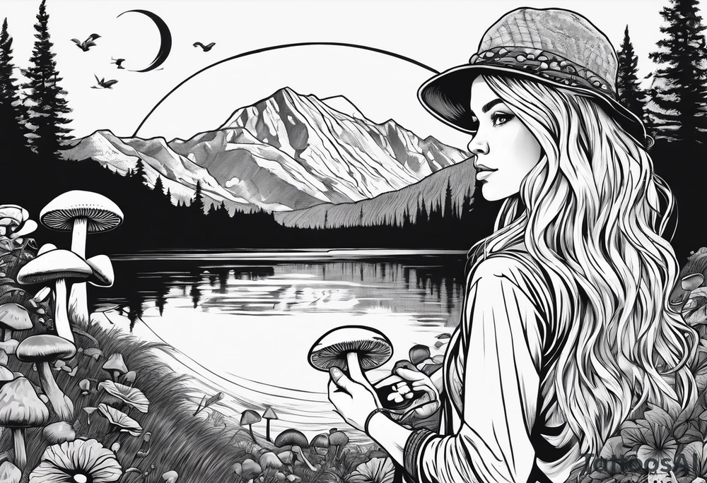 Whole picture encircled fully

Straight long blonde hair hippie girl in distance holding mushrooms in hand facing away toward mountains and creek surrounded by mushrooms long sleeve shirt and hiking pants; whole rendering within a full circle, no cut off circle tattoo idea