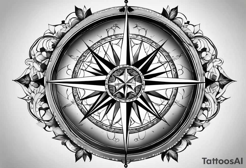 a classic compass rose as the central element,Overlaying the compass rose is a simplified molecular structure of serotonin tattoo idea