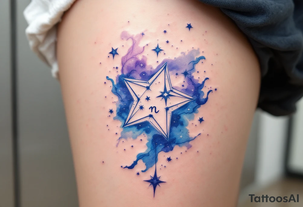 A watercolor Capricorn star constellation flows in soft blues and purples, wrapping around a minimal Capricorn glyph. tattoo idea
