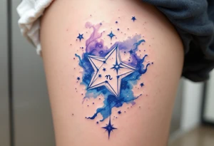 A watercolor Capricorn star constellation flows in soft blues and purples, wrapping around a minimal Capricorn glyph. tattoo idea