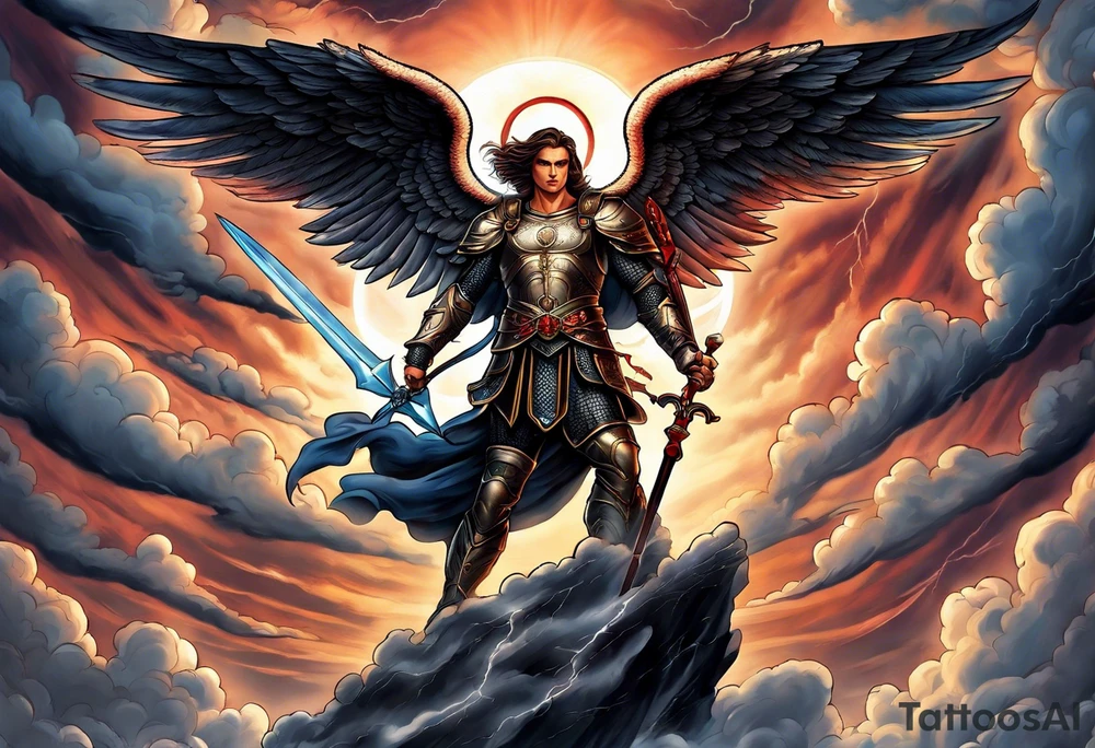 Michael the Archangel standing over the devil.  Clouds and lightning in background. tattoo idea