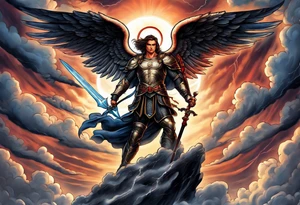 Michael the Archangel standing over the devil.  Clouds and lightning in background. tattoo idea