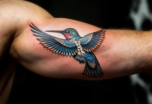 A hummingbird made of sand and hieroglyphs(only red, blue and black are possible colors) tattoo idea