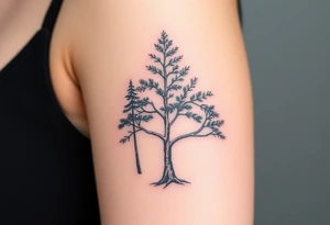 Tree tattoo. Three trees. Cedar pine cherry. Upper arm. tattoo idea