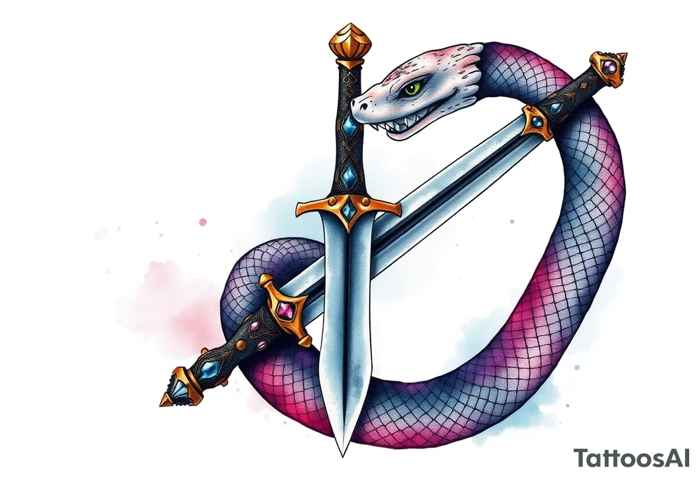 mystical snake coiled around an ancient dagger with jeweled hilt tattoo idea