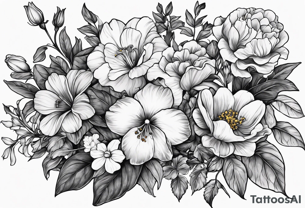 black and gray bunch of flowers with stems and leaves, three violets, one daffodil, five daisies, one rose, one morning glory, two marigolds, one chysanthemum tattoo idea
