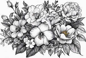 black and gray bunch of flowers with stems and leaves, three violets, one daffodil, five daisies, one rose, one morning glory, two marigolds, one chysanthemum tattoo idea