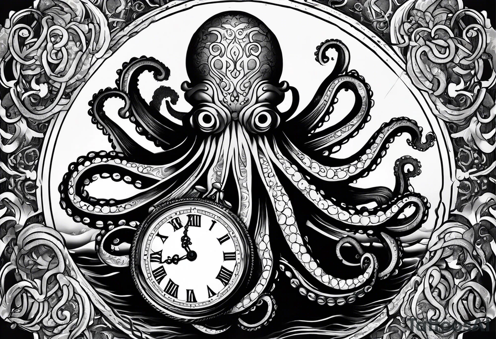 pocket watch being wrapped by an octopuse tattoo idea