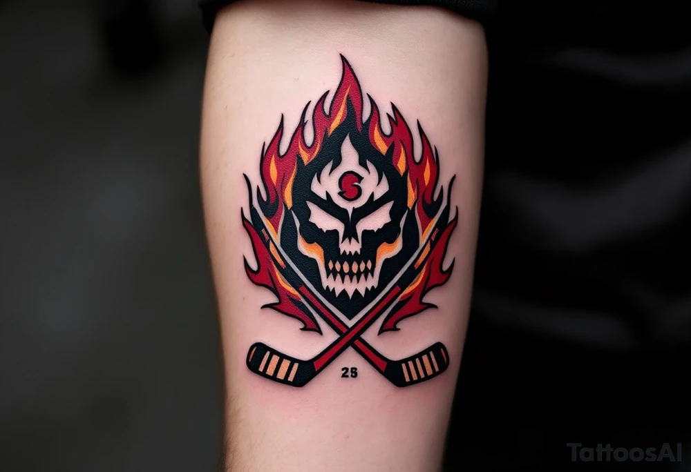 A bold black-and-burgundy Sparta Praha logo with red flames surrounding it and crossed hockey sticks beneath. tattoo idea