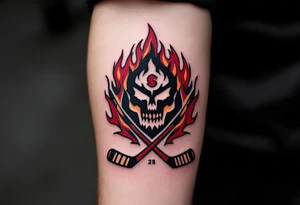 A bold black-and-burgundy Sparta Praha logo with red flames surrounding it and crossed hockey sticks beneath. tattoo idea
