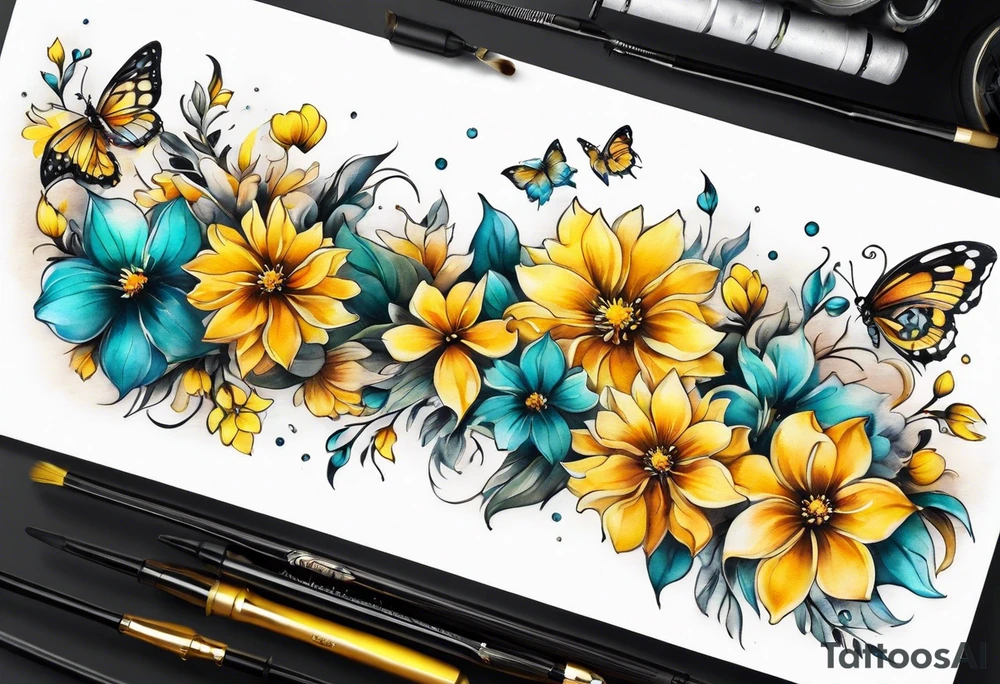 Sleeve with yellow and aqua flowers and butterflies tattoo idea