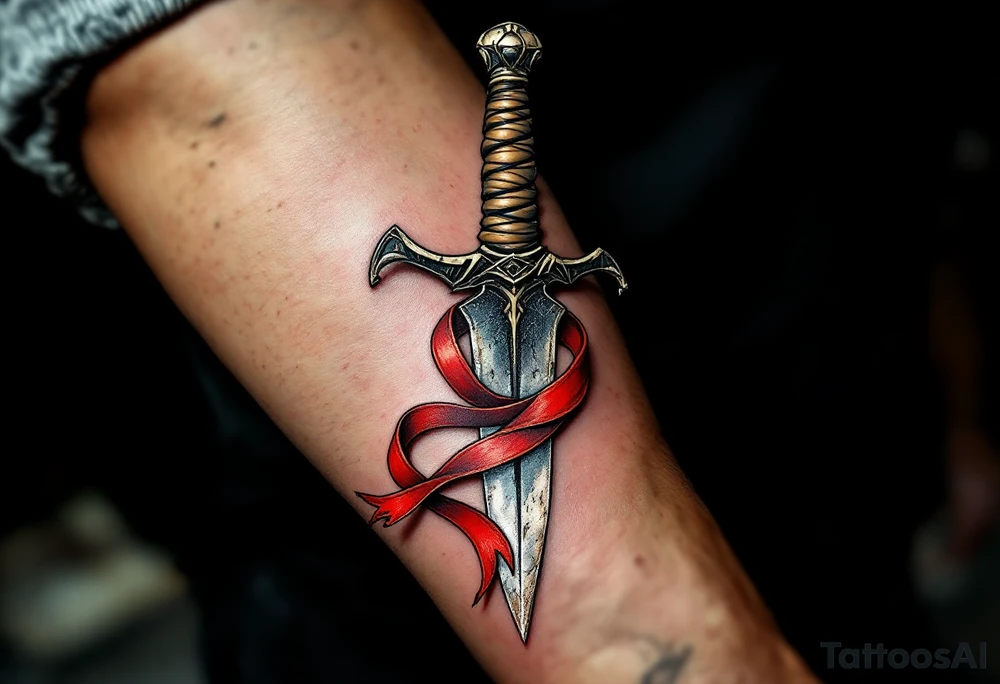 A weathered steel dagger with a twisted obsidian blade, wrapped in aged leather at the hilt, and a single crimson ribbon tied beneath the guard, symbolizing vengeance and loyalty. tattoo idea