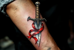 A weathered steel dagger with a twisted obsidian blade, wrapped in aged leather at the hilt, and a single crimson ribbon tied beneath the guard, symbolizing vengeance and loyalty. tattoo idea