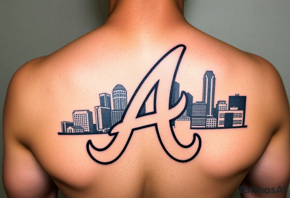 Atlanta Braves letter logo “A” overlapping the Atlanta skyline in the back going upward. More height than width. The buildings are concise and jam packed parallel to the logo. tattoo idea