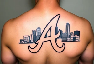 Atlanta Braves letter logo “A” overlapping the Atlanta skyline in the back going upward. More height than width. The buildings are concise and jam packed parallel to the logo. tattoo idea