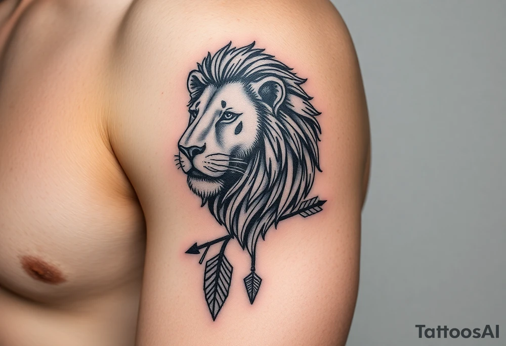 make me a realistic spiritual lion which has come down an arrow and surrounded by a olive tree leaf tattoo idea