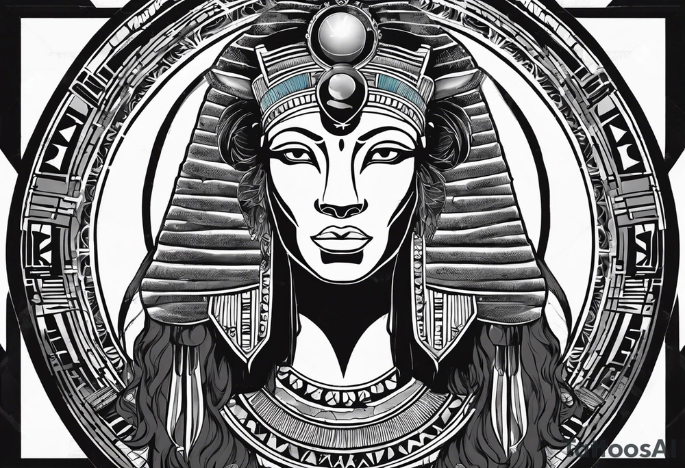 Ancient Egyptian goddess sekhmet, lioness head with black sun disk above her head and woman's body. She looks straight ahead and ready for battle looking fearless and powerful holding an ankh in one hand and a papyrus sceptre in another, she has long hair flowing tattoo idea
