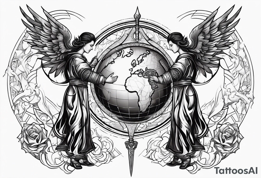 Two angels, one with a flaming sword in one hand, the other with a shield, and both hold the planet Earth with the other hand. tattoo idea