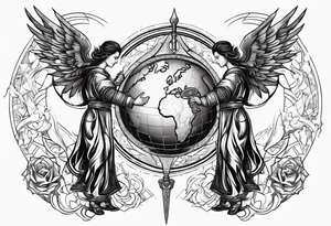 Two angels, one with a flaming sword in one hand, the other with a shield, and both hold the planet Earth with the other hand. tattoo idea