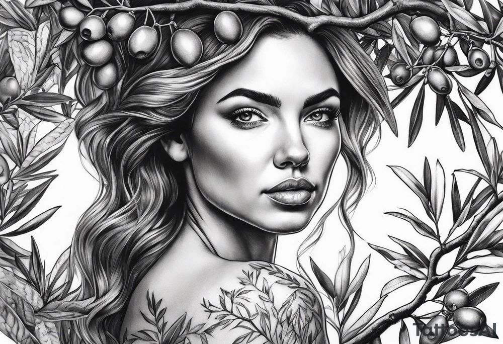 a woman turning herself in an olive tree tattoo idea