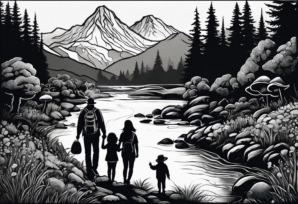 Family silhouette of a father, a mother, oldest son, middle daughter, and small daughter foraging mushrooms with mountains and creek in background tattoo idea
