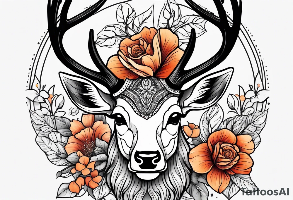 deer with antlers in flower tattoo idea