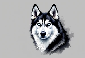 Majestic Husky Portrait – Realistic black and white husky with icy blue eyes, facing forward, detailed fur texture, with a soft gray watercolor background. tattoo idea