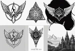 Coming out of the book will be a trident, a golden snitch, lexa's tattoo from the 100, the number four from I am Number Four, a duantless symbol. tattoo idea