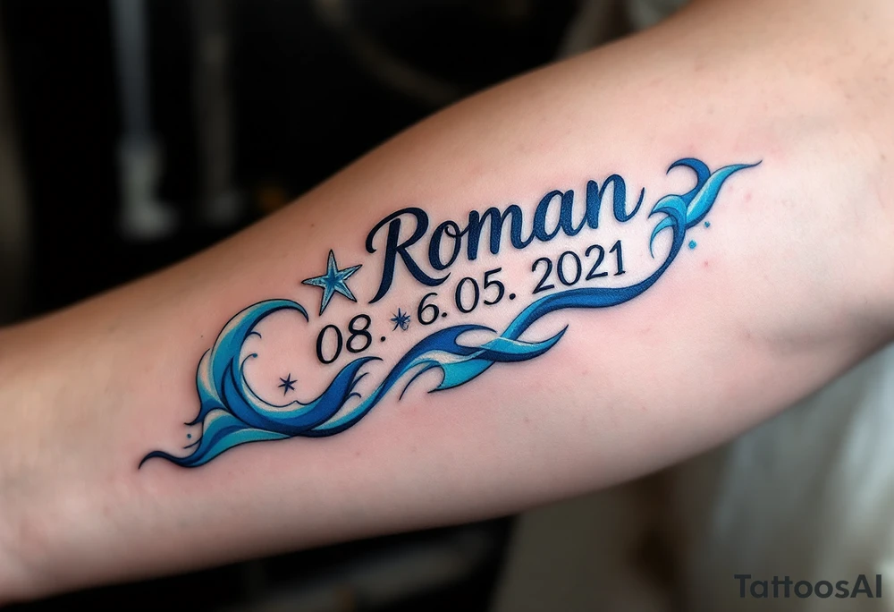 Name Roman with date 08. 05. 2021 in Deep blue ocean waves wrapping around Roman's birthdate, with seafoam white accents and a starfish design near the numbers. tattoo idea