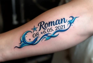 Name Roman with date 08. 05. 2021 in Deep blue ocean waves wrapping around Roman's birthdate, with seafoam white accents and a starfish design near the numbers. tattoo idea