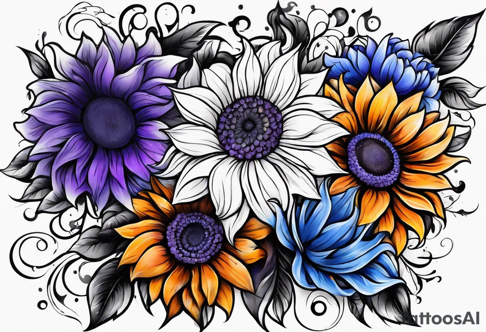 Full arm sleeve with purple, orange and blue sunflowers tattoo idea
