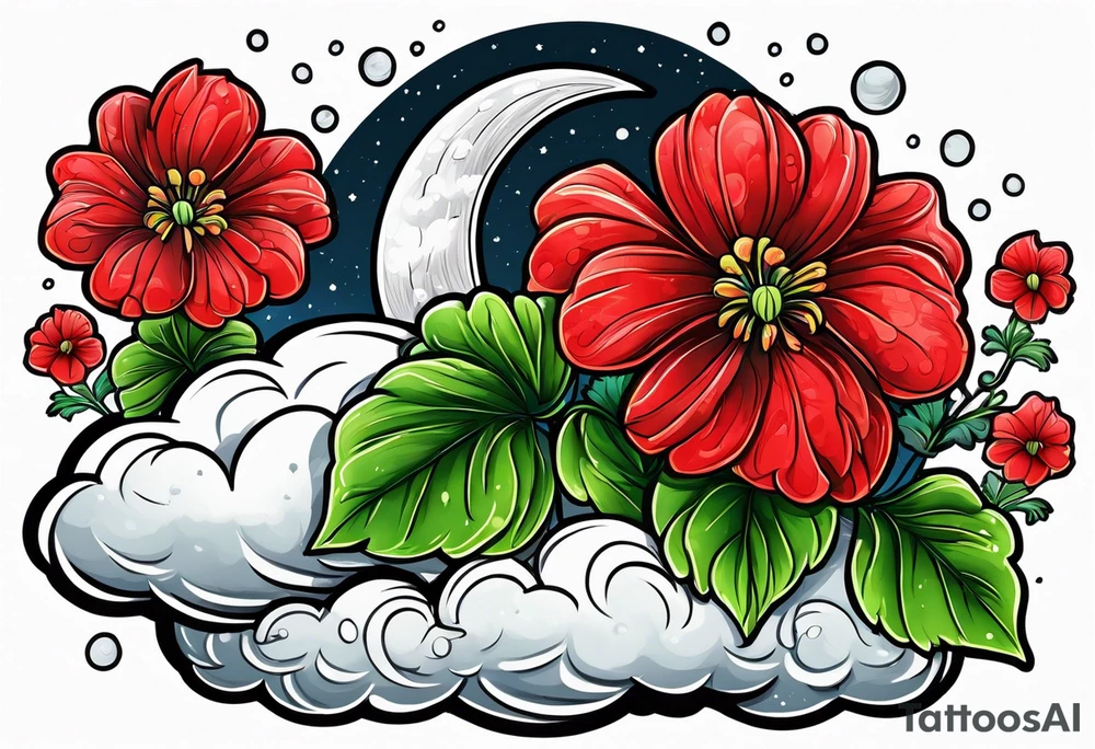 Raining cloud and moon with red geraniums tattoo idea