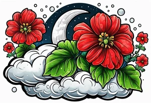 Raining cloud and moon with red geraniums tattoo idea