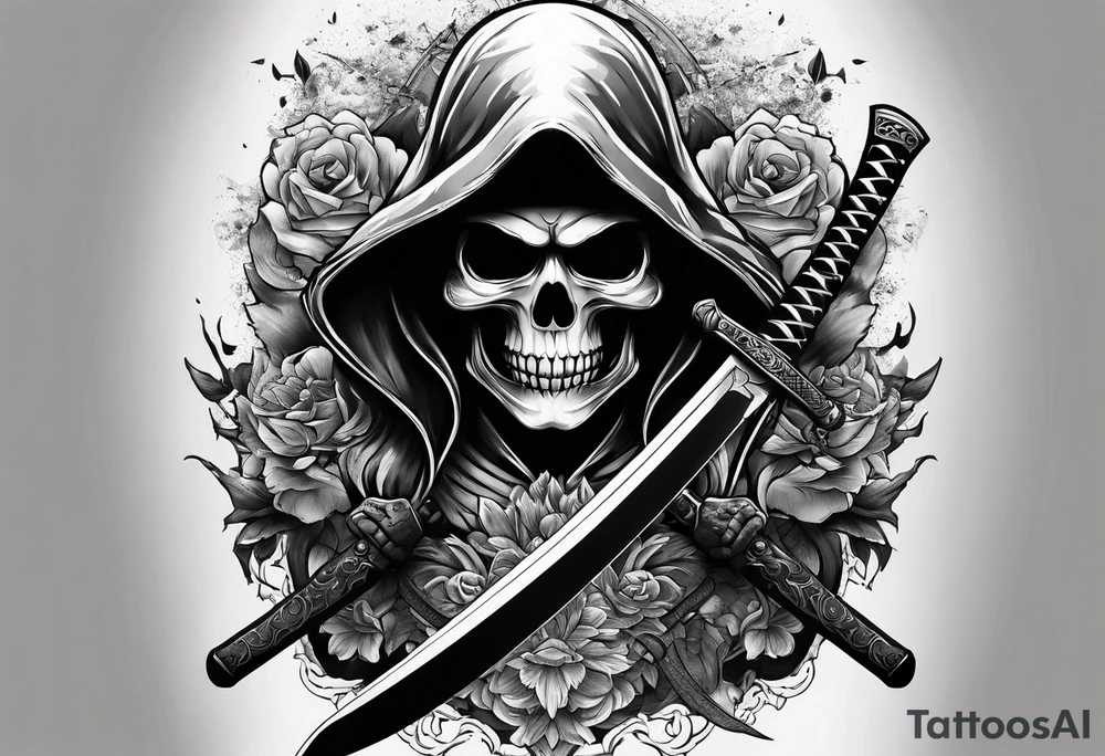 katana with grim reaper and skull tattoo idea