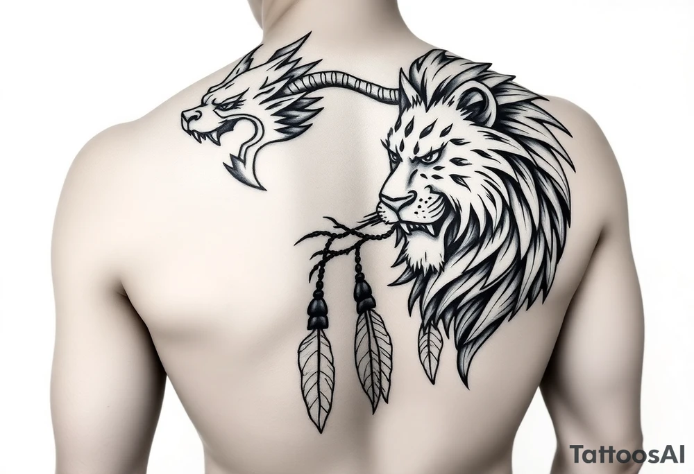 Tribal lion right shoulder to wrap into a sleeve til middle bicep and then a dragon for 2000 Chinese culture to go from side boob to butt maybe middle butt then dream catchers from the end of the dragon to the mid thigh. This needs to be punk girl pin up style female tattoo. Body sleeve. Make it look like the baddest bitch Alive. tattoo idea