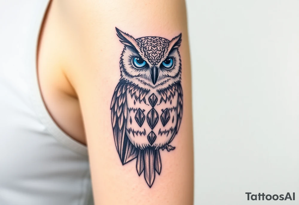 powerful, owl, front facing and piercing eyes, full body, blue or purple eyes, body having jewels tattoo idea