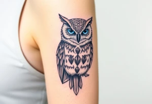 powerful, owl, front facing and piercing eyes, full body, blue or purple eyes, body having jewels tattoo idea