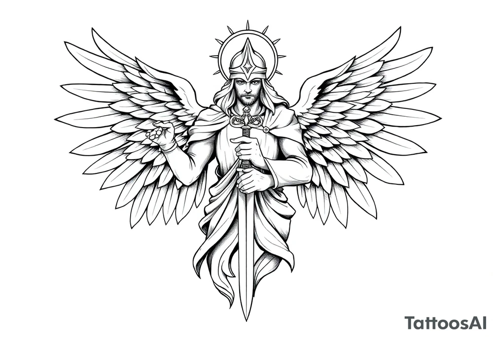 Holy Archangel, Biblical, Christianity, Hebrew, Guards of Christianity, Holding a sword, has six wings, wearing helmet, halo, seraphim, seek justice, walk only with God tattoo idea