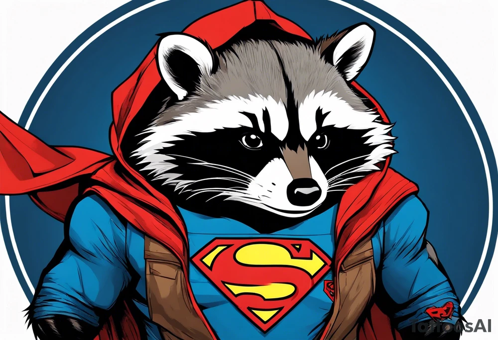 raccoon wearing a Superman hoodie tattoo idea