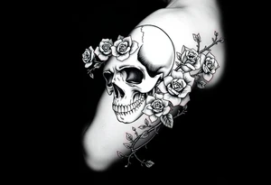 gothic skull intertwined with climbing roses and thorny vines tattoo idea