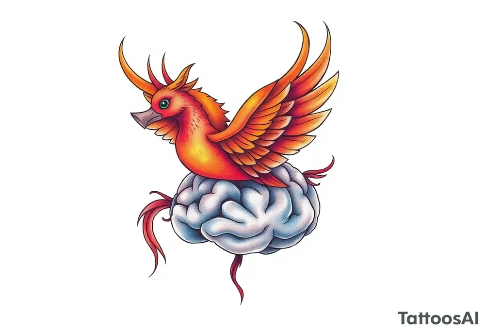 Colorful phoenix flying out of a brain with 3-16-24 tattoo idea